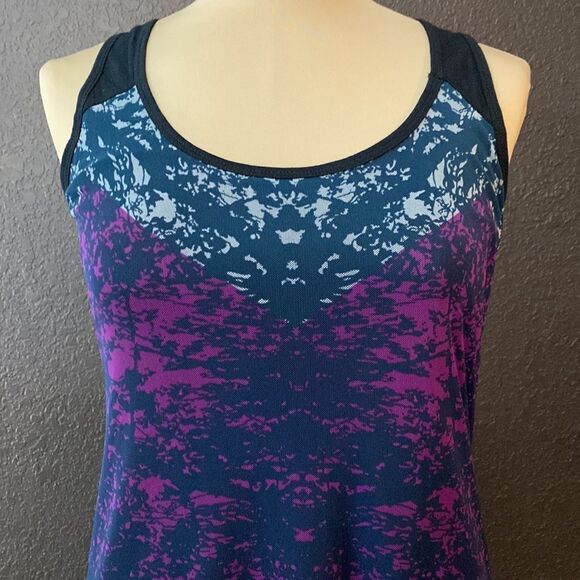 Cabi black racerback tank with purple printed  mesh overlay tunic tank top - Picture 2 of 6